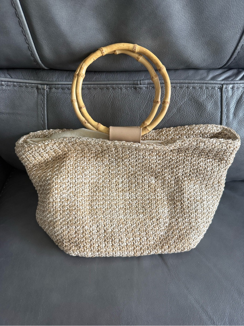 Natural Straw Tote with Bamboo Ring Handles